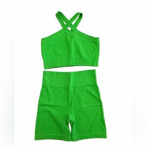 Workout Set Green Ribbed Crossback Crop Top & High-Waist Shorts Set